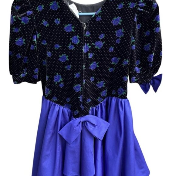 Vintage Bonnie Jean Dress 10 Velvet Floral Bow Sleeve Made USA Purple Party - Picture 6 of 11